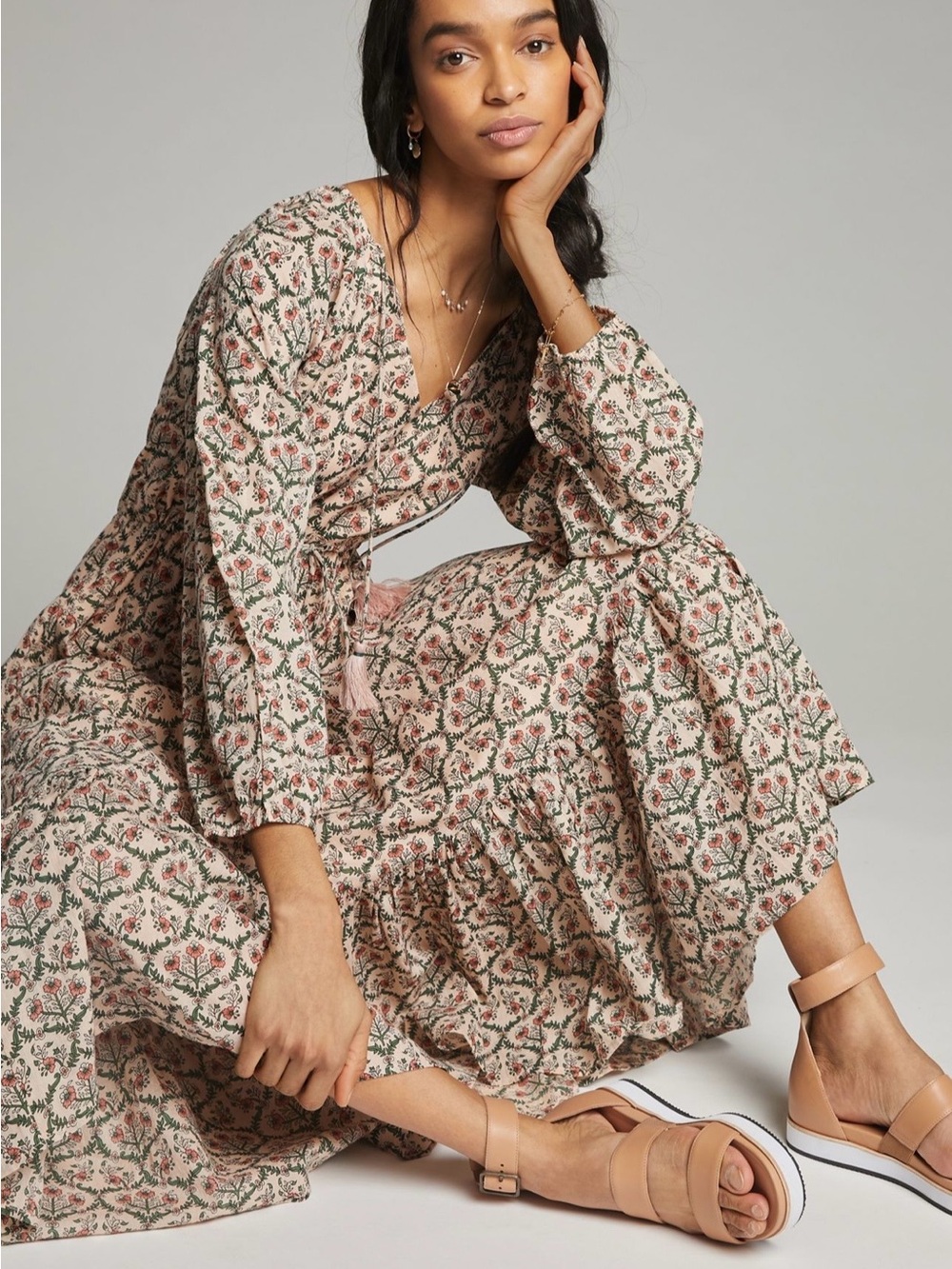 Roller Rabbit Blush and Green Floral Tiered Maxi Dress